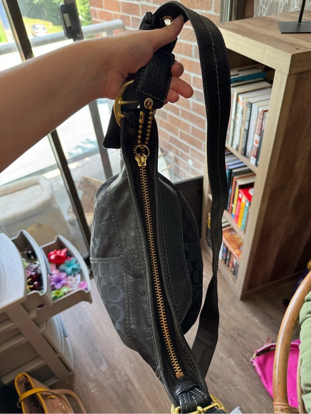 Coach Black Signature Monogram Shoulder Bag with Cherry Charm